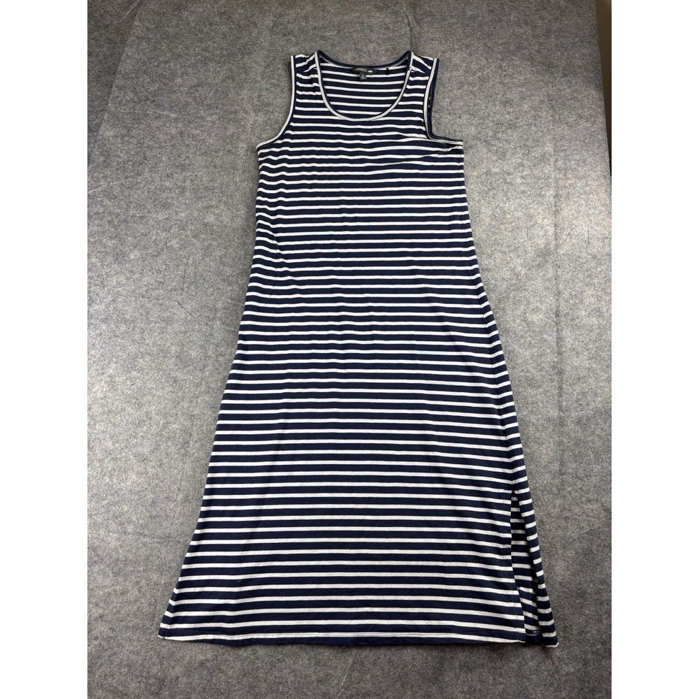 Toad & Co Women's M Midi Dress Navy Stripe Stretch Organic Cotton Pocket Casual